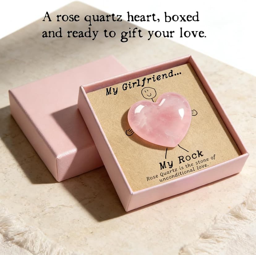 Gift for Girlfriend – My Rock Rose Quartz Heart Pocket Hug, Natural Crystal Love Stone Keepsake with Message Card & Gift Box, Love Gift from Boyfriend B0GG9PQF8Y