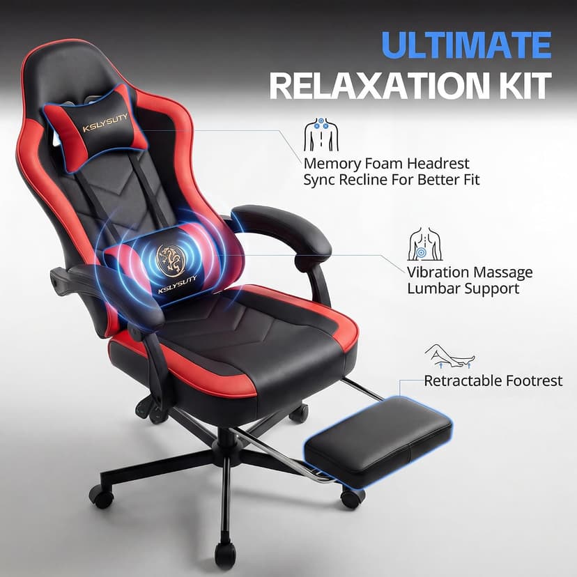 Desk Computer Gaming Chair - High Back Ergonomic Office Chair with Footrest and Lumbar Support, Swivel Comfy Home Gamer Video Game Chairs with Pocket Spring Cushion for Adults (Red Leather)