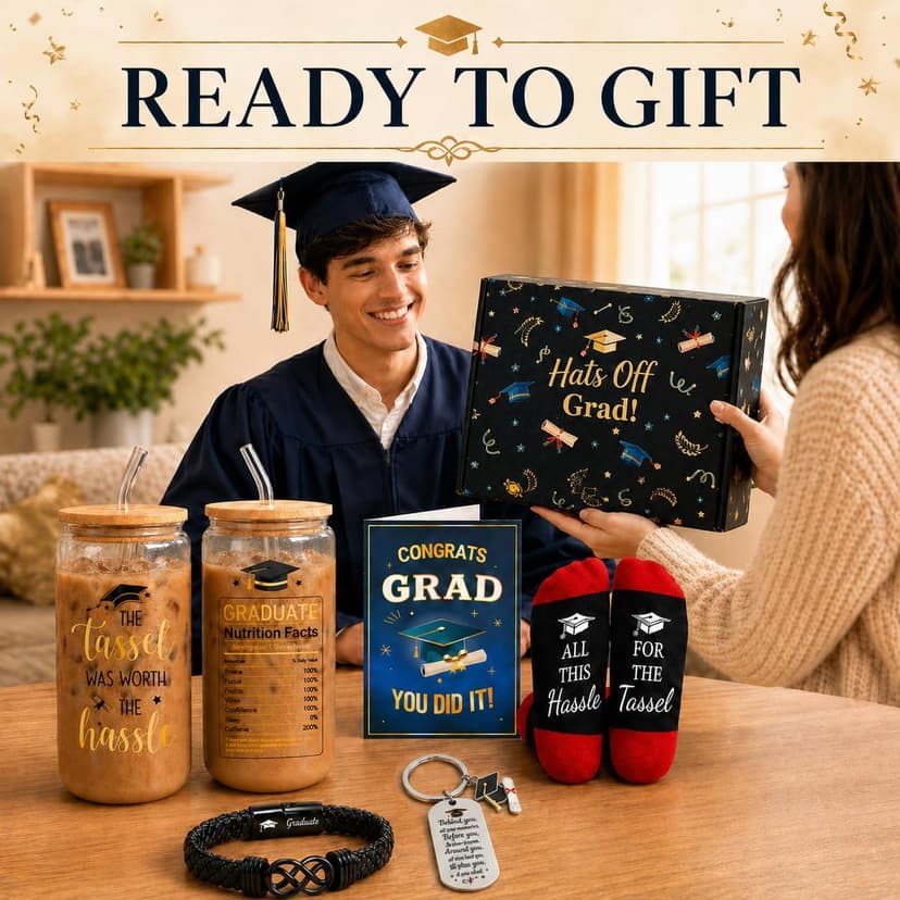 HAPPYPOP Graduation Gifts 2026 – 5-Piece Gift Box with Glass Cup, Bracelet, Keychain, Socks & Congrats Card for Men Him B0GMJJNMZ3