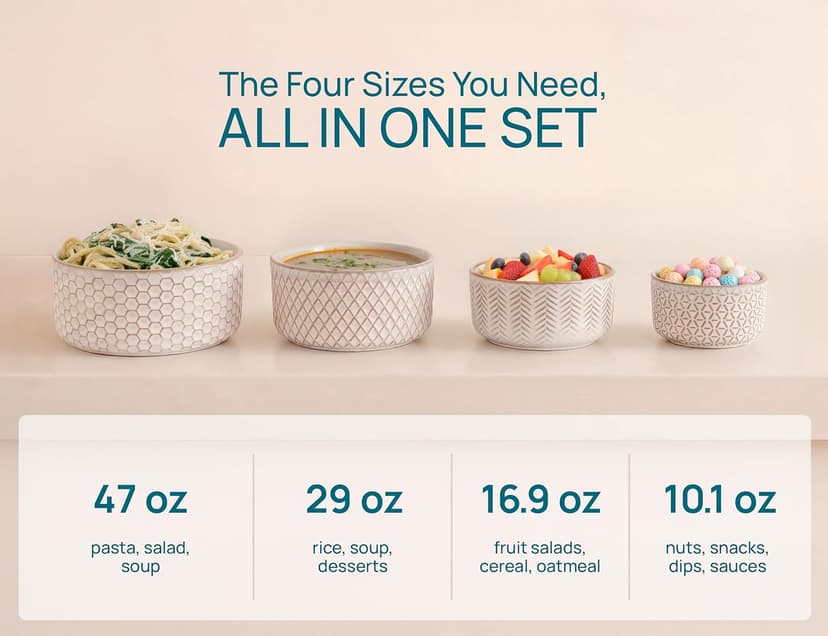 Narbonne Collection, Stackable, For Prep & Serving, 10/17/29/47 oz, Leak-Proof Lids, Steam Vent, Microwave & Dishwasher Safe KooK Ceramic Nesting Bowls with Lids, Embossed Stoneware, Set of 4, Ivory B0BJS6M86W