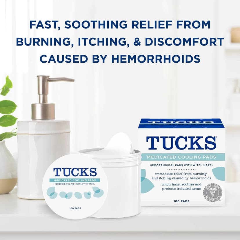 Witch hazel pads designed for sensitive areas and used by hospitals for hemorrhoid symptom relief, also postpartum essentials TUCKS Medicated Cooling Pads, Witch Hazel Hemorrhoid Treatment, 100 Count B06ZYLFV8L