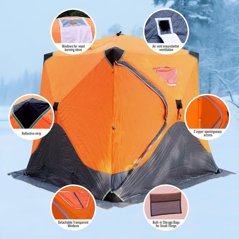 ABXMAS Ice Fishing Shelter 3-4 Person, Portable Insulated Ice Fishing Tent with Stove Jack, Hub-Style Shelter Shanty Waterproof 600D Insulated Layer 2 Doors 2 Windows for Winter