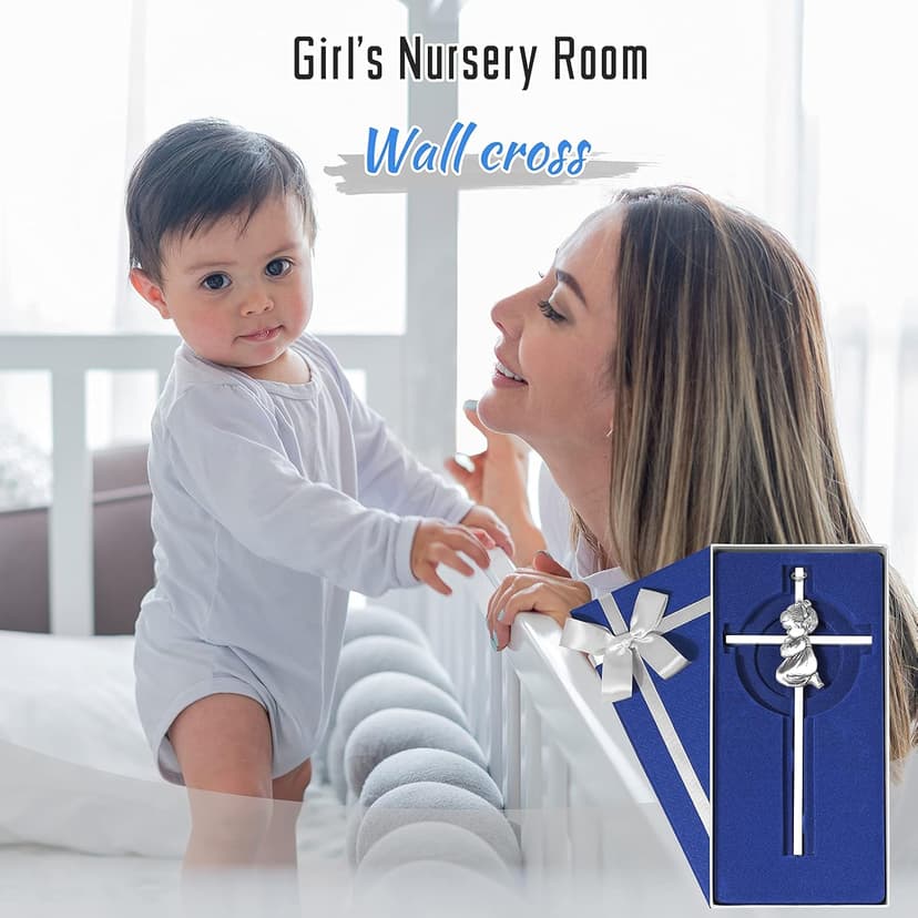 Baby Wall Cross Baptism Gifts for Girl, 7-inch Silver Praying Girls Baptism Crosses for First Holy Communion Christening and Dedication Baptismal Gifts from Godparents