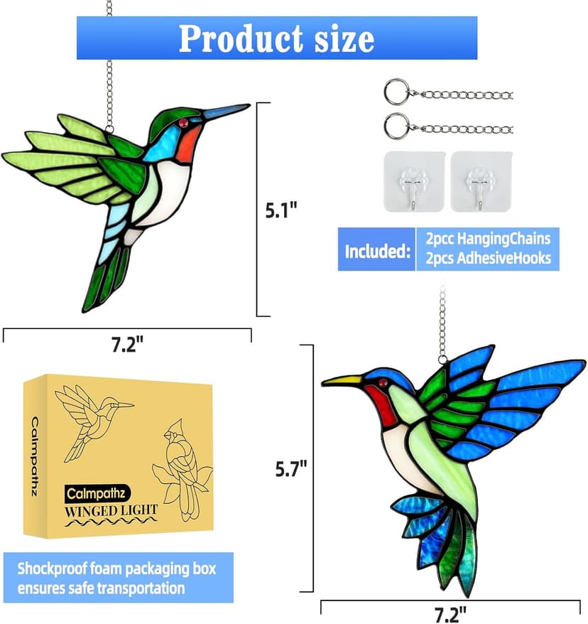 Handmade Copper Foil Art,Birthday Anniversary Gift For Mom Grandma Wife Mother In Law,Bird Lovers Sun Catcher Decor,6 Inch 2 Pcs Hummingbird Stained Glass Window Hanging Suncatchers,Gifts for Women B0FBM1D77B