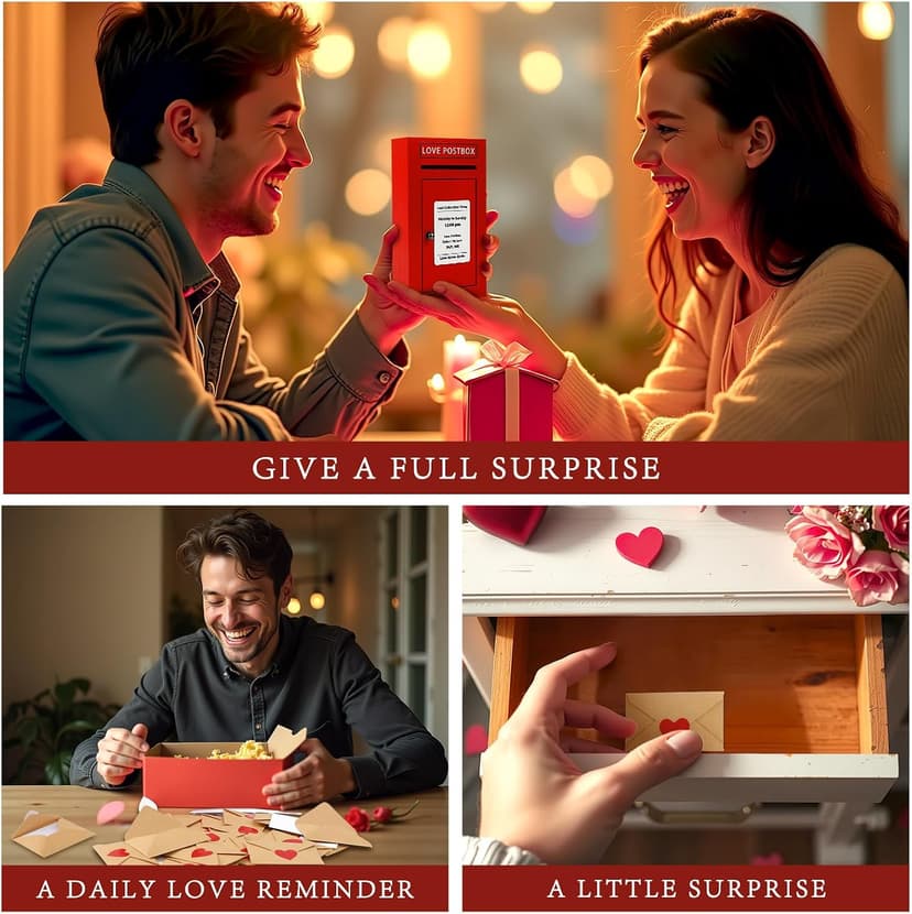 Red Wooden Mailbox, Interactive Opening Door, Cute Christmas Anniversary Valentines Day Gifts for Him Husband Boyfriend Romantic Wooden Love Postbox Set, 50 Mini Love Notes and Envelopes B0DQVG86TF