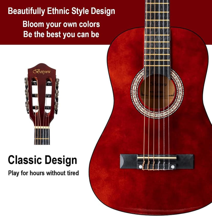 BESYOU 30in Beginner Kids Acoustic Guitar Basic Starter Kit Tuner Capo Strings Winders Strap Picks Student Youth Toddler Guitar Pickguard with Gig Bag Brown