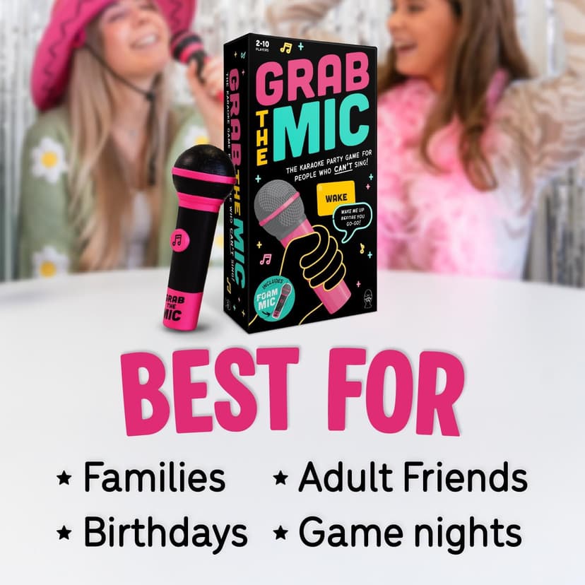 Lucky Egg Official Grab The Mic – Family Karaoke Board Game w/Foam Mic, 8+ Ages, 2-10 Players - Games for Bad Singers w/ 230 Lyrics (115 Cards)