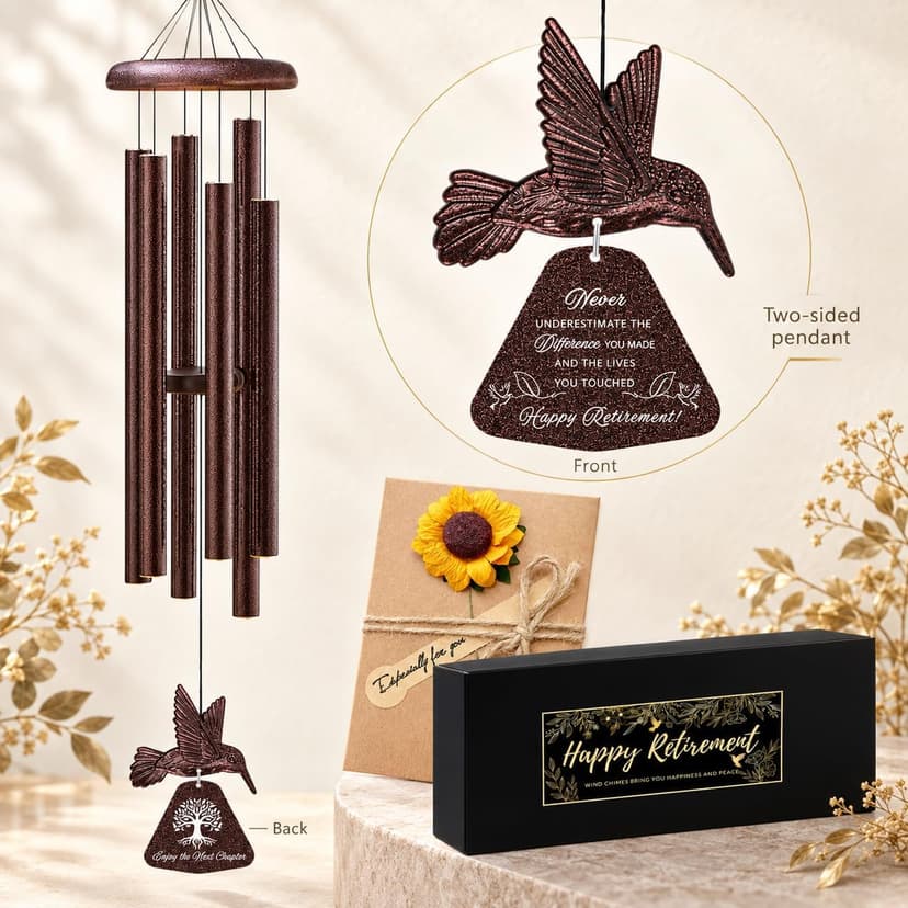 Sunflower greeting card shares warm retirement wishes for women and men, colleagues, bosses, teachers, friends, or coworkers. Wind Chimes Retirement Gift for Women, 32 Inch Hummingbird Chime with Card B0FD3MFY59