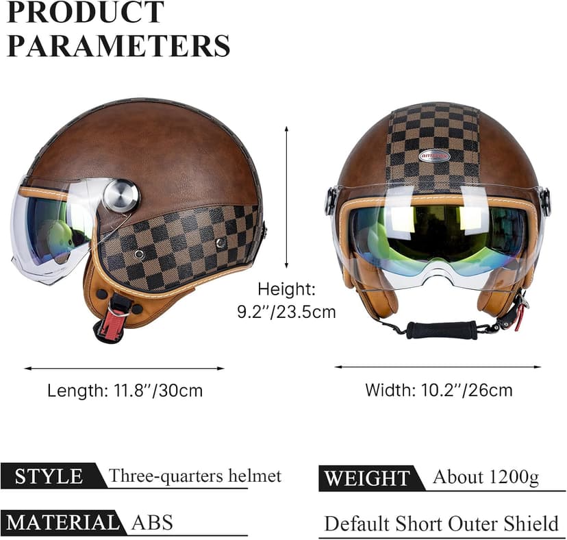 Dual Visor 3/4 Open Face Motorcycle Helmet for Men & Women, DOT Approved Unisex Retro Half Helmet,Motorbike Casco for Moped Cruiser Bobber and Chopper