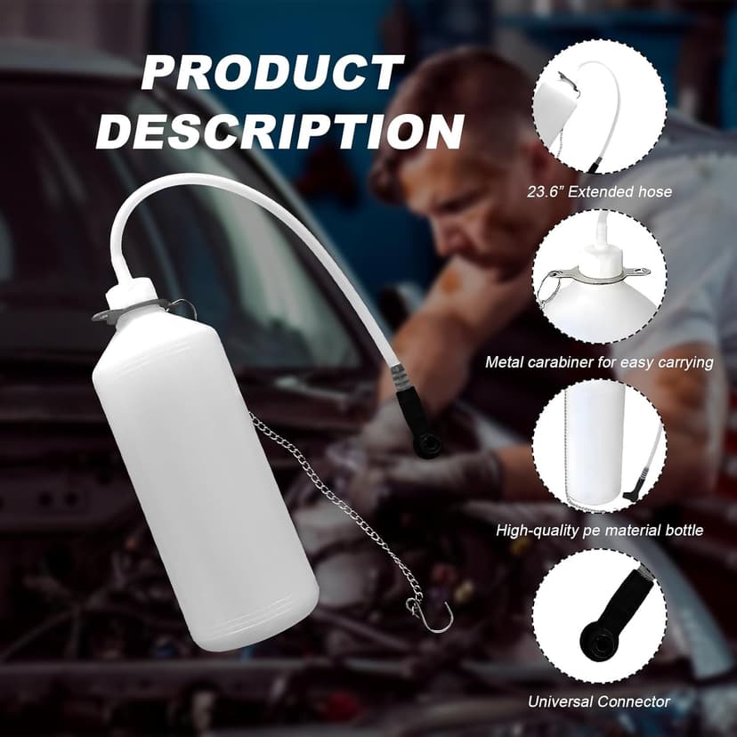 KVAEY 1L Brake Bleeder Bottle, Automotive Brake Pressure Bleeder Bottle with 24 Inch Tube Rubber Connector Steel Chain, One Person Plastic Brake Fluid Bottle for Car ATV Motorcycle