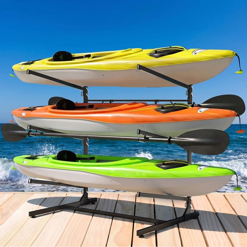 Faesun 3-Tier Kayak Storage Rack, Freestanding Kayak Rack with Paddle Hook, Adjustable Heavy Duty Kayak Stand with Ground Pegs, Storage Rack for Kayak, Canoe, Surfboard & Paddleboard