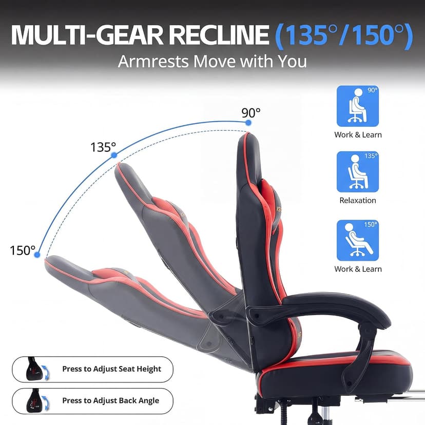 Desk Computer Gaming Chair - High Back Ergonomic Office Chair with Footrest and Lumbar Support, Swivel Comfy Home Gamer Video Game Chairs with Pocket Spring Cushion for Adults (Red Leather)