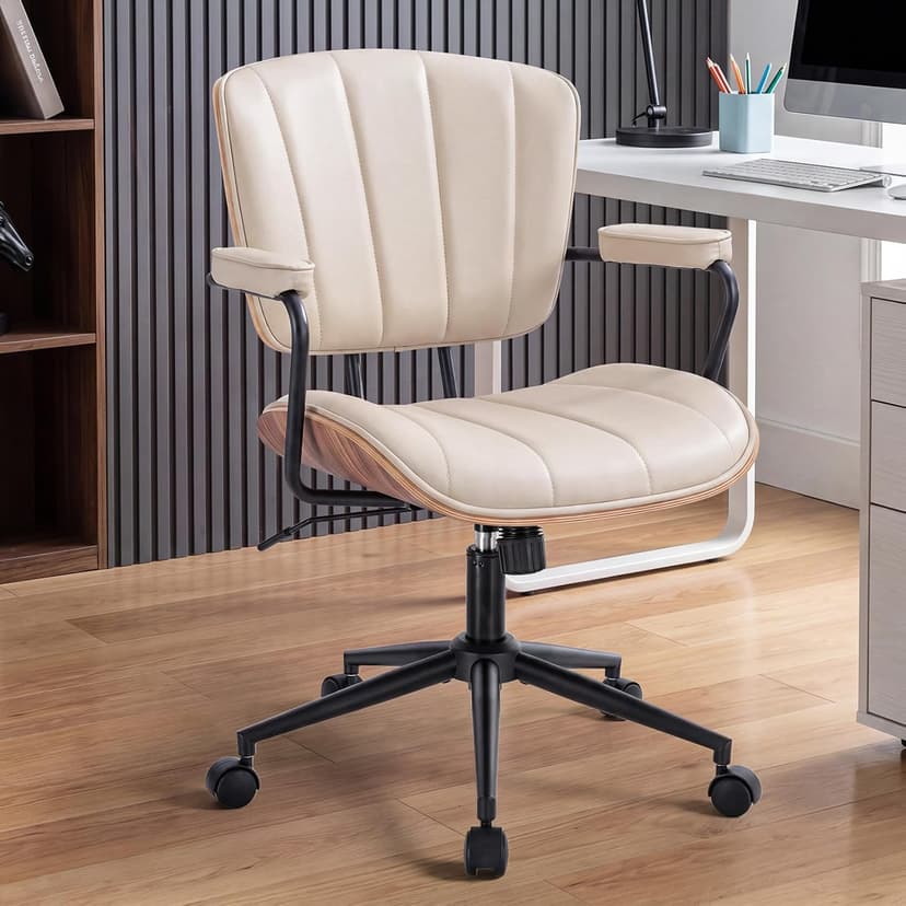 Mid Century Modern Office Chair, Fixed Back Rolling Desk Chair with Armrests and Walnut Back, Adjustable Height for Home Office, Beige
