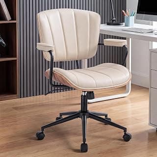 Mid Century Modern Office Chair, Fixed Back Rolling Desk Chair with Armrests and Walnut Back, Adjustable Height for Home Office, Beige