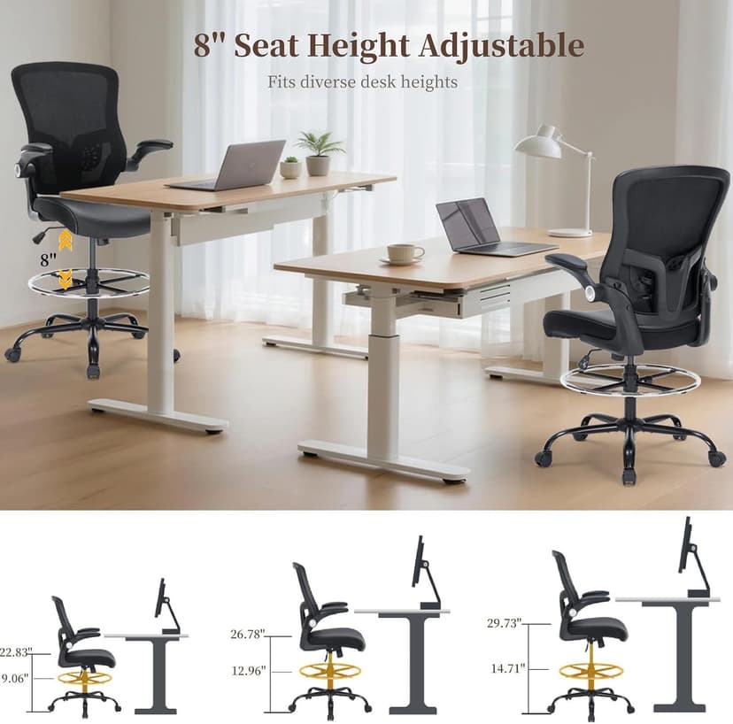 Drafting Chair, Tall Office Chair with PU Leather Seat, Ergonomic Standing Desk Chair with Lumbar Support Counter Height Office Chair with Adjustable Footrest Ring Flip-up Armrests