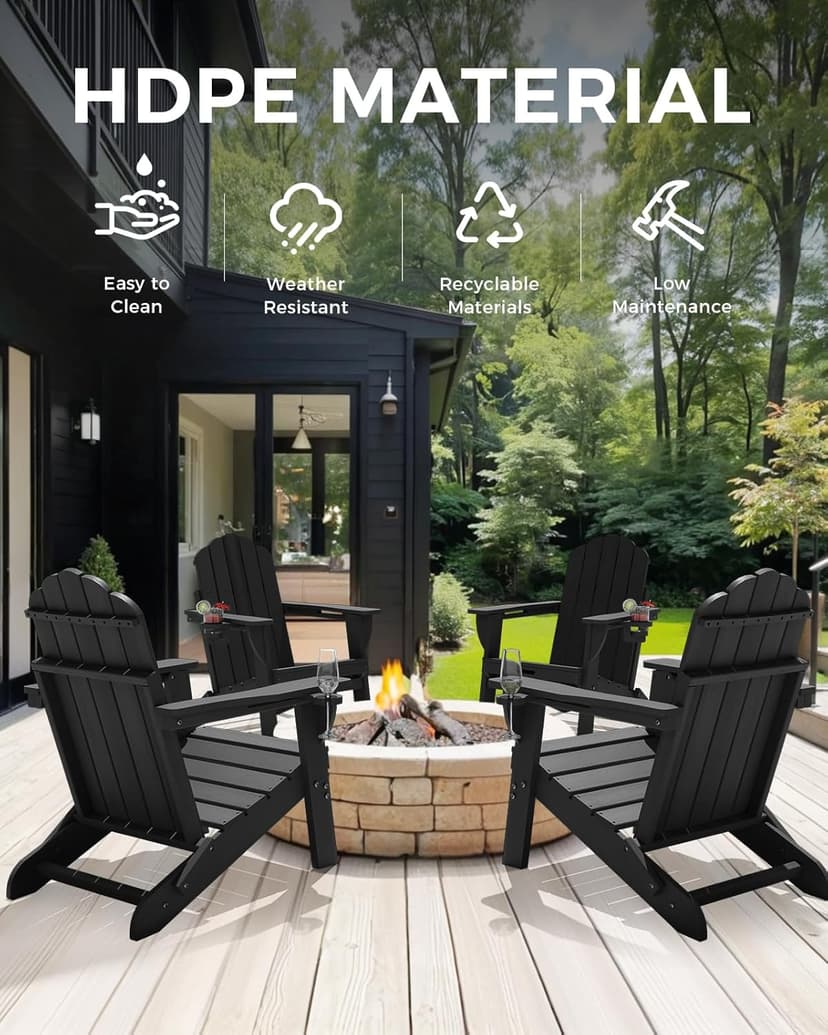 Folding Adirondack Chair,All-Weather HDPE Fire Pit Chair with 2 Cup Holders, Plastic Outdoor Chair for Patio Deck Garden Lawn, Black