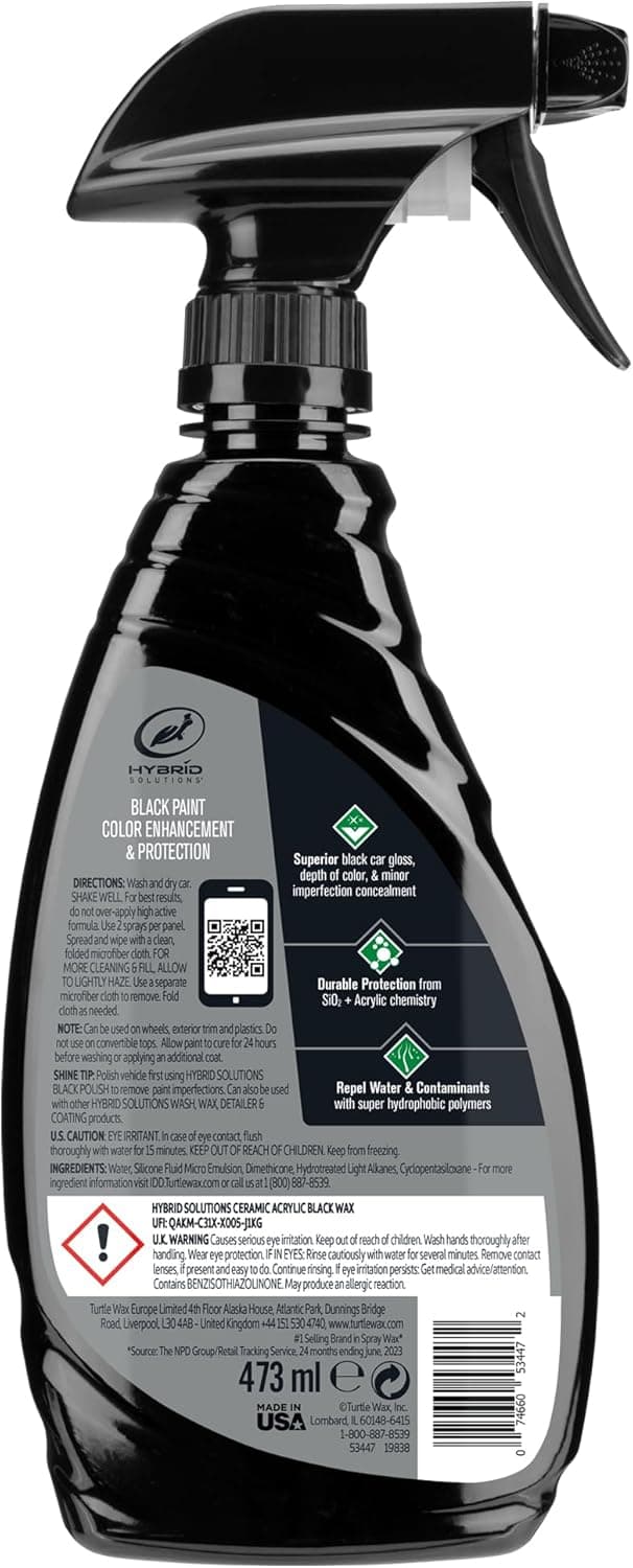 Turtle Wax Hybrid Solutions Ceramic Acrylic Black Car Wax Spray, Restores Apperance of Black Car Paint, Ceramic Coating Protection, Extreme Water Beading, High Gloss Shine, 16 oz (Pack of 1)