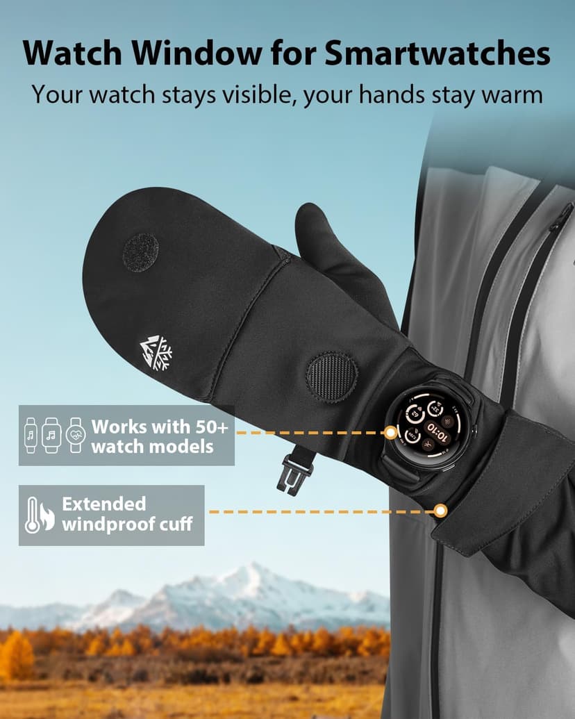 RIGWARL Winter Running Gloves Men Women Cold Weather, Touchscreen Convertible Mittens Warm Thermal Gloves with Watch Window