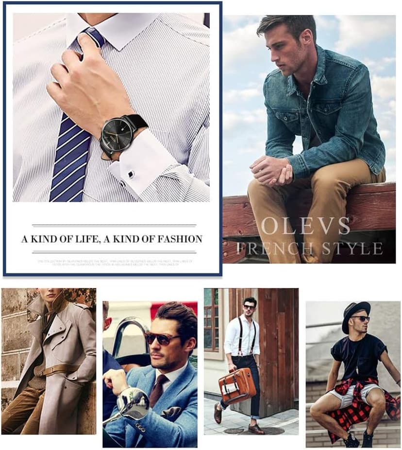 OLEVS Mens Watches Minimalist Ultra Thin Fashion Casual Analog Quartz Date Watch Waterproof Slim Simple Big Face Dress Wrist Watch Leather Band for Men