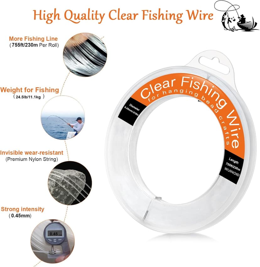 Clear Fishing Line Wire 755 ft, Invisible Monofilament Fishing Line Wire, Nylon String for Hanging Balloons Garland Crafts Picture Decorations, Clear String Threads Cords WUINOID