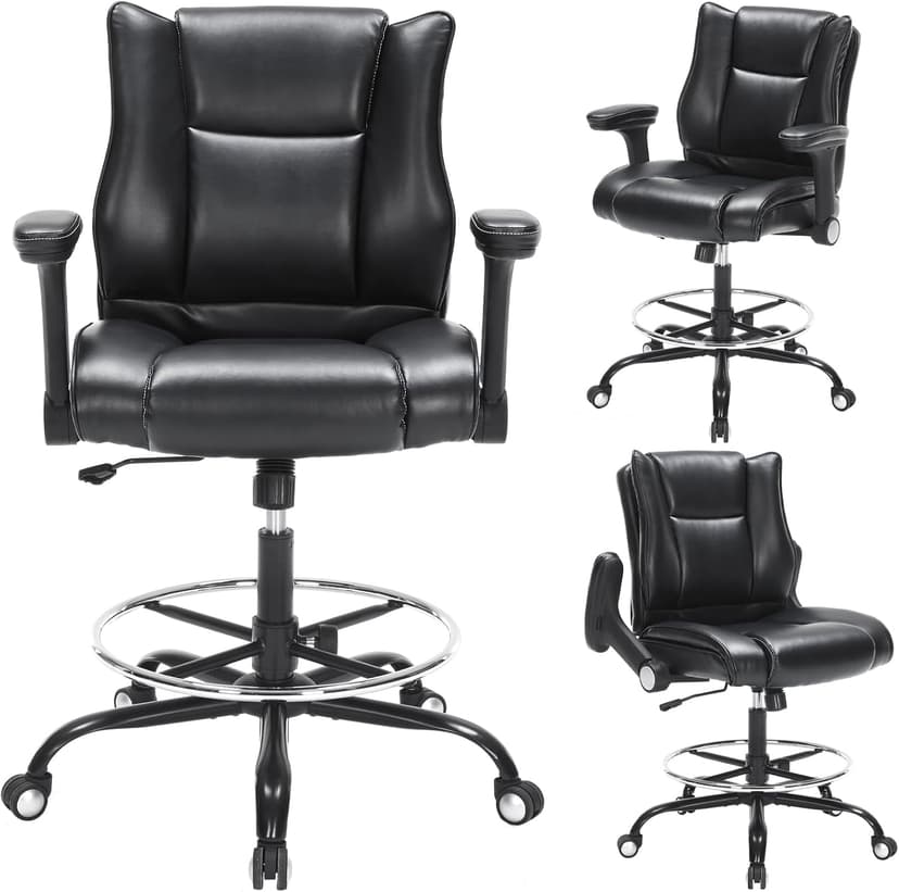 Office Drafting Chair, Tall Desk Chair with Adjustable Armrests and Footrest Ring PU Leather Standing Desk Chair with Extra Thicken Seat Cushion, Comfy High Office Chair for Counter Height Desk, Black