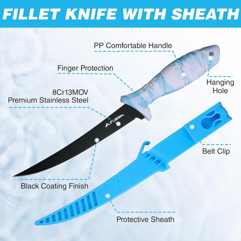 FLISSA Fillet Knife Set with 5"/6"/7"/9" Fillet Knives, Sharpener, Protective Sheath, Portable Roll Bag, Gifts for Fishermen, Saltwater & Freshwater Use