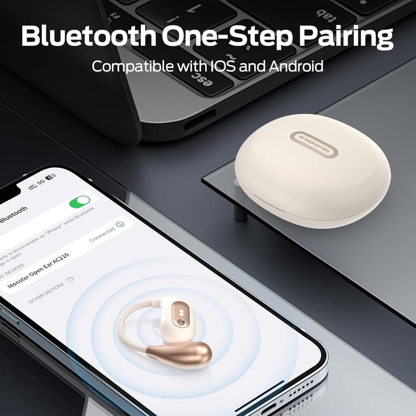Monster Open Ear AC210 Headphones, Bluetooth 5.4 Earphones Stereo Sound,30 Hours Playback, Type-C Charging, HD Clear Calls, IPX5 Waterproof Open Ear Earbuds,Rose Gold