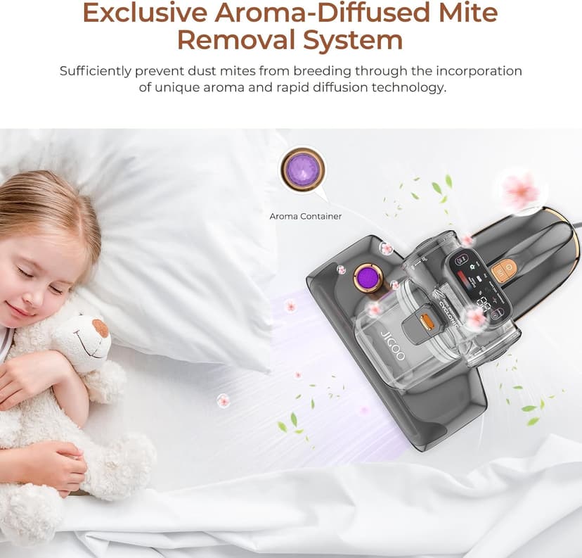JIGOO T600 Bed Vacuum Cleaner with UV-C Light, 15Kpa Suction 700W Powerful Double Cup Handheld Vacuums, Mattress Vacuum Cleaner with Smart Dust Sensor, Ultrasonic & Heating Tech, HEPA Filter - Corded