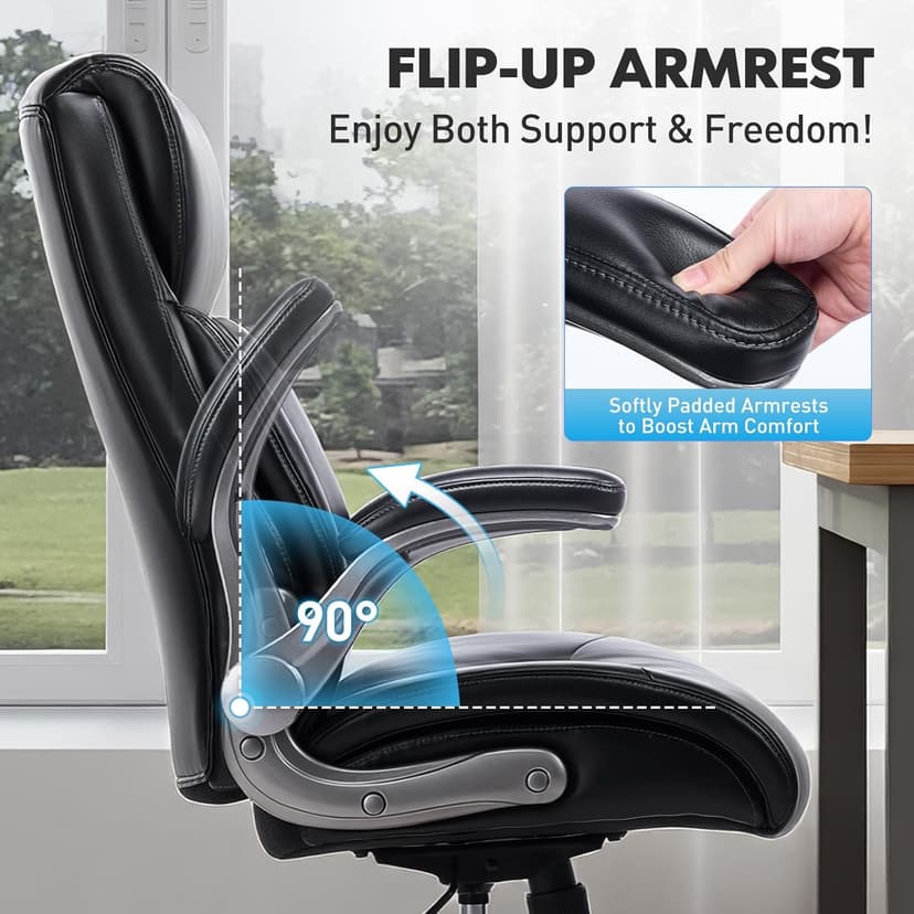 MALOL 300lbs Ergonomic PU Leather Office Chairs, High-Back y Home Computer Executive Chair with Lumbar Support and Flip-Up Arms, Black