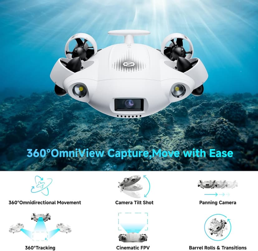 【2025 New】V-EVO 4K60FPS Underwater Drone Kit with Removal SD Card, QYSEA AI Vision Lock 360° Omnidirectional Movement Underwater ROV with Depth Hold, Portable Robot with VR Control, Posture Lock