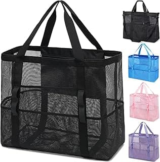 Fammart Mesh Beach Bag, Large Beach Tote with Zipper Pocket, Toys Pool Bag for Family Travel Vacation Cruise Essentials