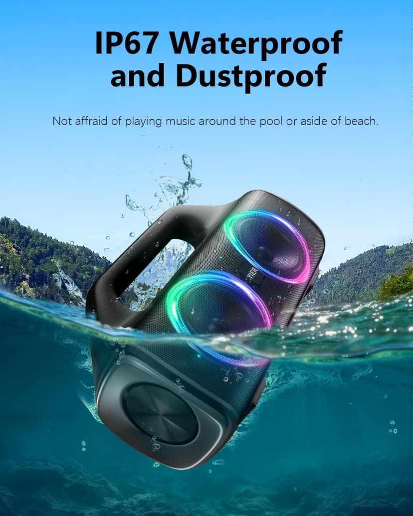 Speakers, 80w (Peak) Portable Wireless Speaker with Lights, Stereo Loud Sound, IP67 Waterproof, Deep Bass Outdoor Speakers Bluetooth 5.3 Dual Pairing for Home Party Beach Camping, Gifts