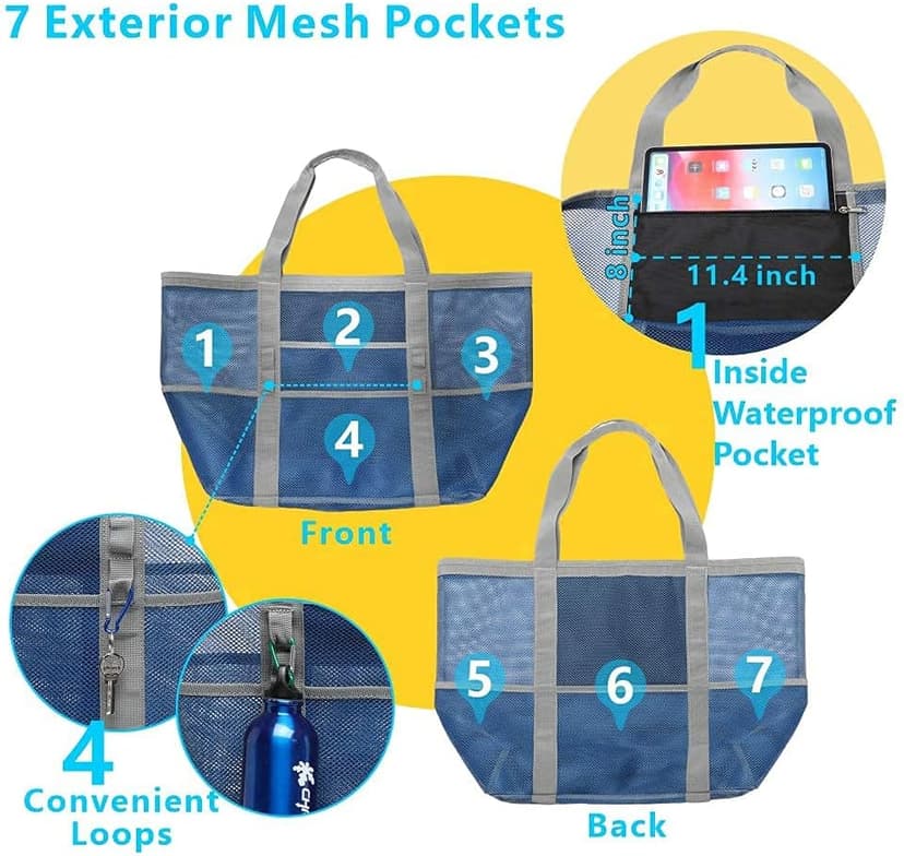 F-color Mesh Beach Bag Family - Large Tote Bag 9 Pockets for Swim Pool Toys Cruise Beach Vacation Essentials
