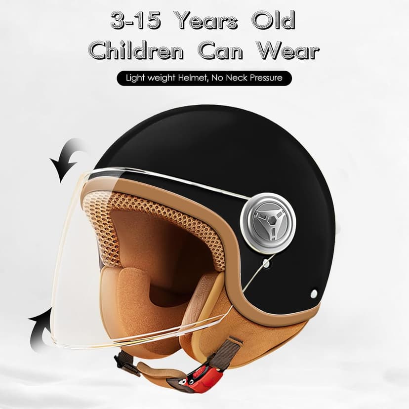 DOT Approved Kids 3/4 Open Face Motorcycle Helmet, Retro Vintage Lightweight Helmets, for Boys & Girls 3-15 Years Old Electric Scooter Helmet Fits Dirt Bike Moped ATV Go Kart 4 Wheeler