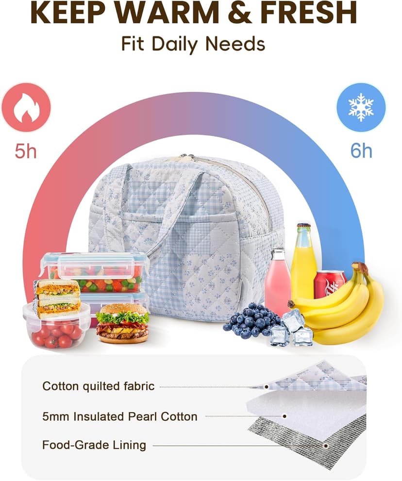 WOBAGMEN Quilted Lunch Box for Women,Lunch Box for Teen Girls,Cute Floral Lunch Bags for Work, School,Office,Picnic,Travel (green blue pin)