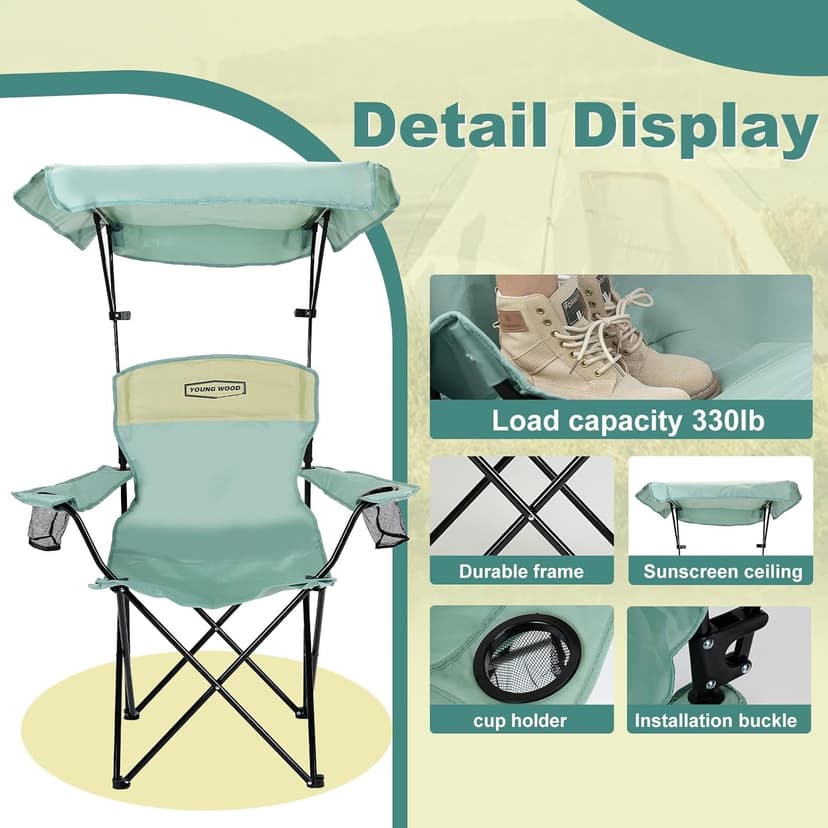 YOUNG WOOD Camping Chair with Canopy, Beach Chair with Shade,Portable,Lightweight Oversized for All, Easy to Open and Close Without Installation, Side Pocket Design for All Outdoor Activities,Blue