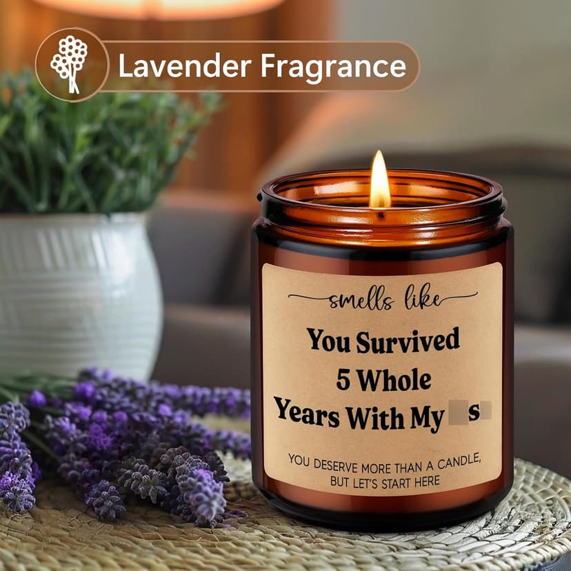 LEADO 5th Wedding Anniversary Candle - 5 Year Marriage Wood Themed Gifts for Husband Wife, 5 Year Anniversary Candle Gifts for Him Her - 5th Anniv. Funny Present for Couple, Women, Men, BF, GF