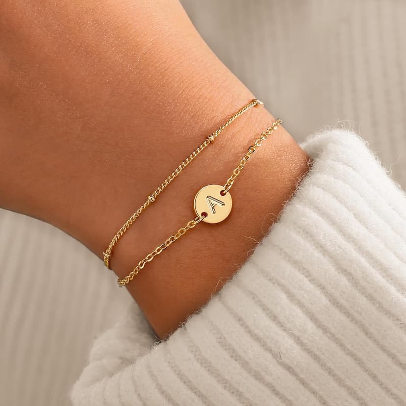 MONOZO Gold Bracelets for Women Christmas Gifts - Dainty 18K Gold Plated Disc Monogram Letter A-Z Initial Bracelets for Women Trendy Personalized Letter Bracelet Birthday Christmas Gifts for Her