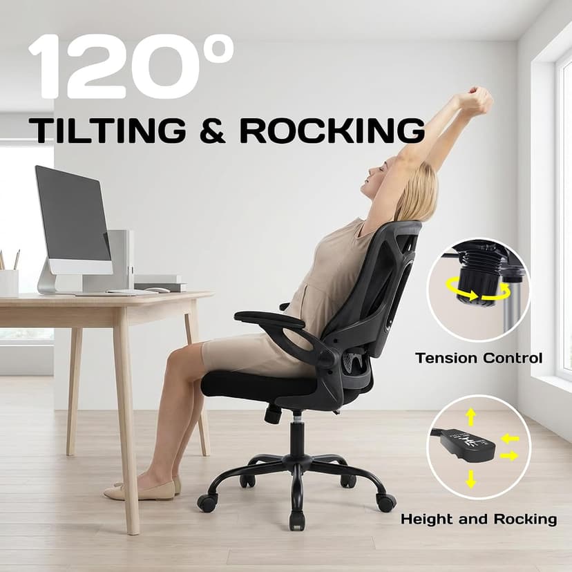 Ergonomic Office Chair, 300 lbs Heavy Duty Mesh Computer Chair with Adjustable Lumbar Support, 90° Flip-up Arms Space Saving Desk Chair, Mid Back Breathable Task Chair for Home Office, Black