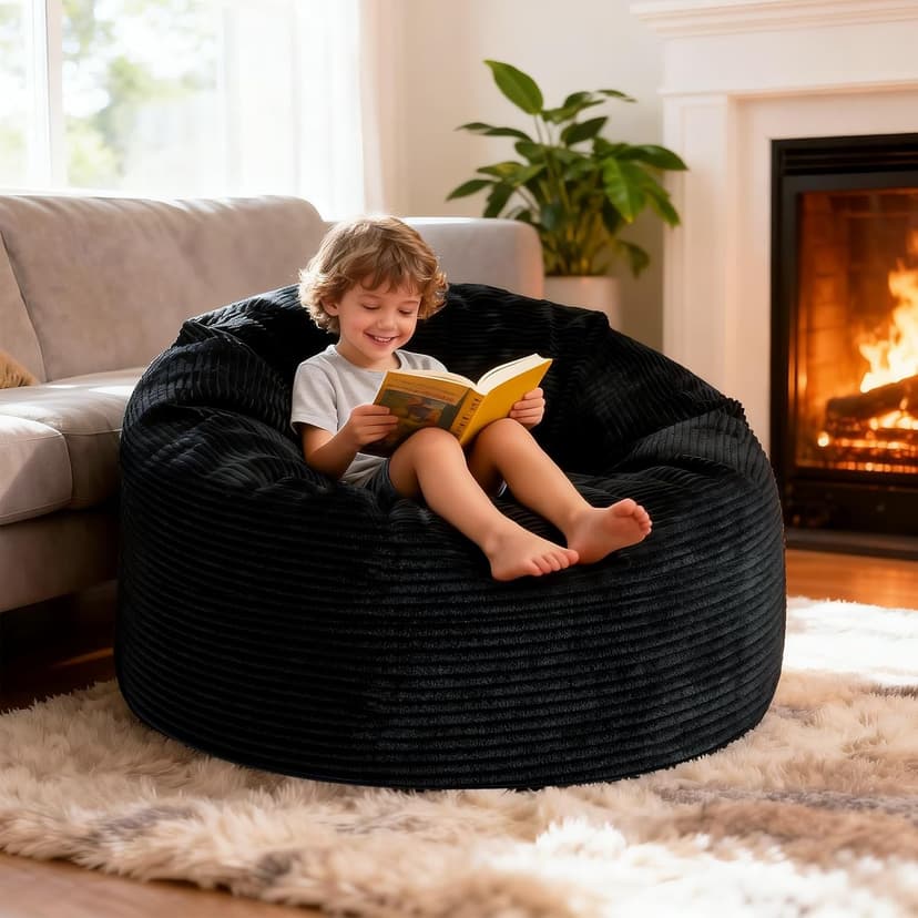 Bean Bag Chairs for Teens, 3FT Bean Bag with Memory Foam Filling, Bean Bag Chairs with Plush Microfiber Removable Cover, Cozy Sofa for Reading, Gaming- Black
