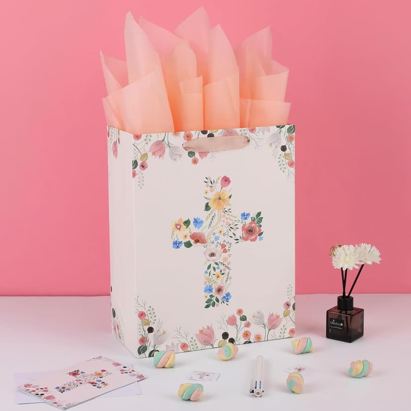 Qirrmiy 13" Large Light Yellow Floral Gift Bag Set with Greeting Card and Tissue Papers for First Communions, Baby Girl Baptisms, Christenings, Religious Occasions - 10.2'x5.2'x13', 1 Pcs.