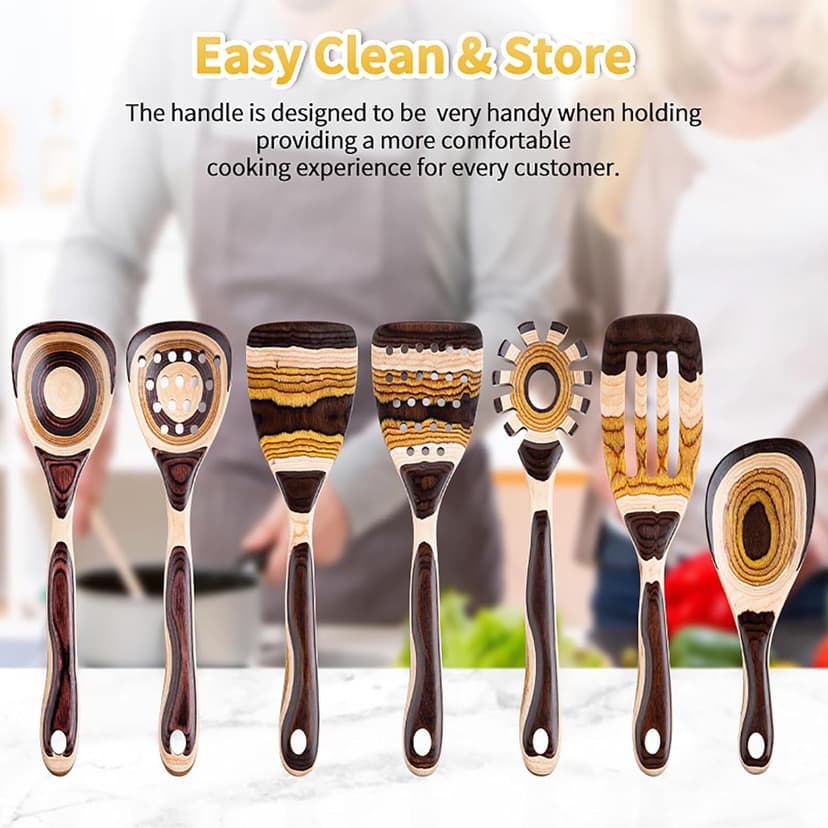 Gudamaye 7-Piece Brown Pakkawood Utensils Set – Sturdy, Eco-Friendly, Wooden Spoons for cooking, Wooden Utensil for cooking, Wooden Kitchen Tool, Home & Kitchen Gifts for Men and Women