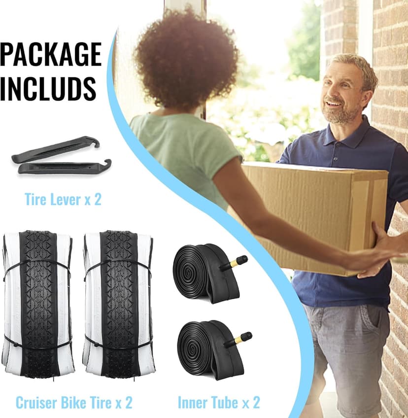 26x2.125 Cruiser Bike Tires: MOHEGIA 2-Pack 26 Inch Folding Tires with Pair Bike Tubes & Tire Levers Replacement Set for Beach Cruiser and Urban Commuting Bicycle