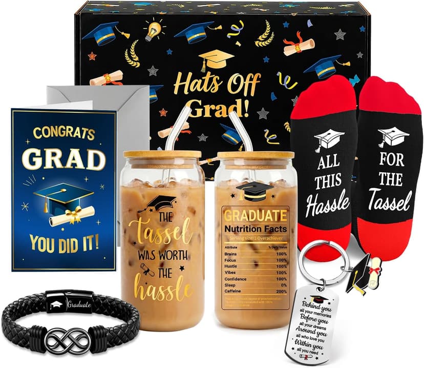 HAPPYPOP Graduation Gifts 2026 – 5-Piece Gift Box with Glass Cup, Bracelet, Keychain, Socks & Congrats Card for Men Him B0GMJJNMZ3