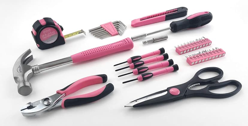 Apollo Tools Original 39 Piece General Household Tool Set in Toolbox Storage Case with Essential Hand Tools for Everyday Home Repairs, DIY and Crafts - Pink Ribbon - Pink - DT9706P