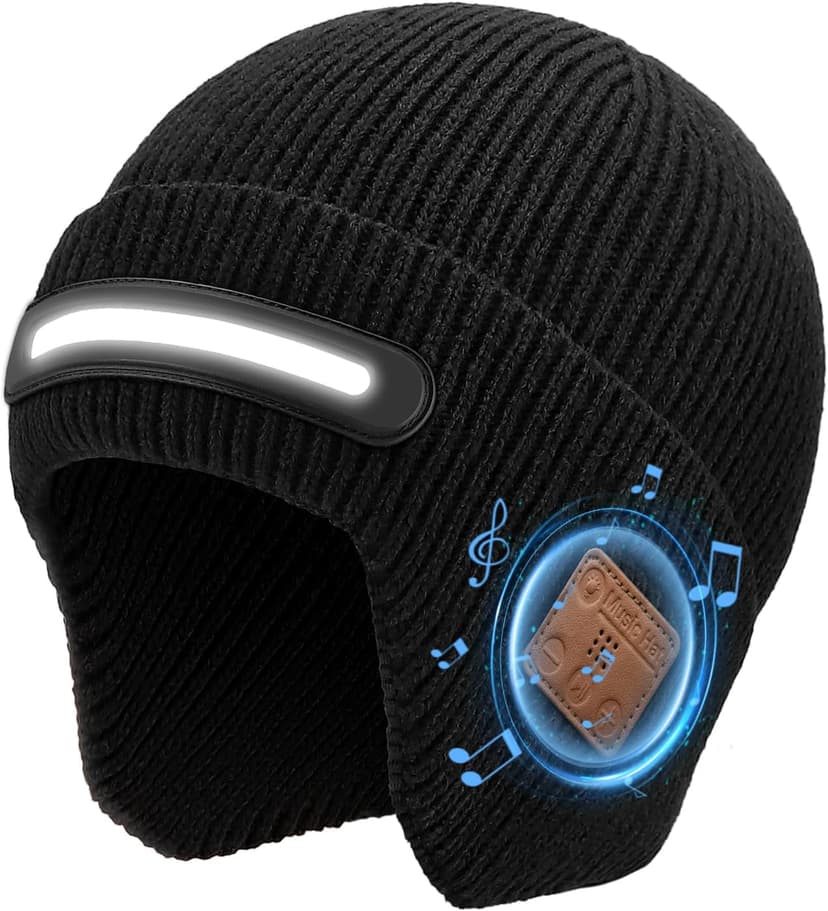 Bluetooth Beanie with Light, Headlamp Hat with Headphones and Built-in Speaker Mic, Unique Christmas Gifts for Men Husband
