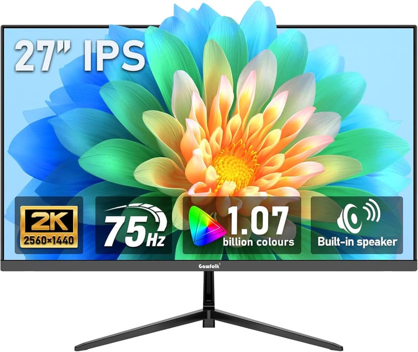 Gawfolk 27 inch IPS 2K QHD (2560×1440) Computer Monitor 75Hz Gaming PC Screen, 1ms,Adaptive Sync,100% sRGB, 1.07 Billion Colours, HDMI2.0、DisplayPort 1.4, Built-in Speaker - Black