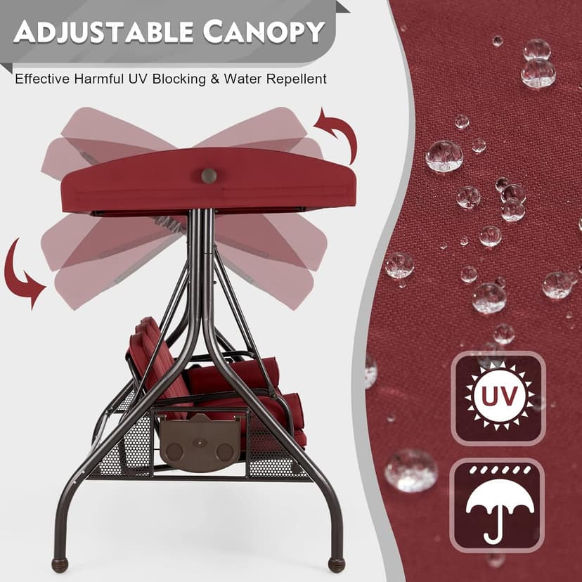 HOMREST 3 Seat Outdoor Porch Swing with Adjustable Canopy, Convertible Patio Swing Bed with Stand, Patio Glider Swing with Upgraded Cup Holder, Thicken Cushions & Pillow for Backyard(Wine Red)
