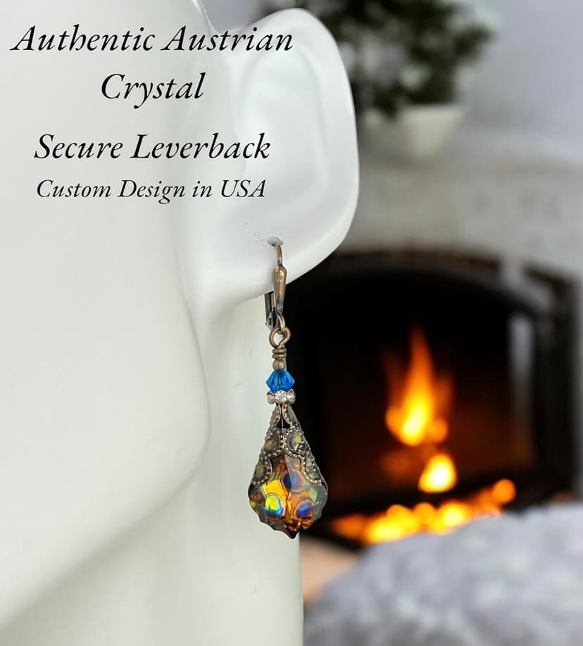 HisJewelsCreations Antique Inspired Vintage Victorian Dangle Drop Earrings for Women - Colored Austrian Crystal Leverback Earrings - Jewelry Gift for Her
