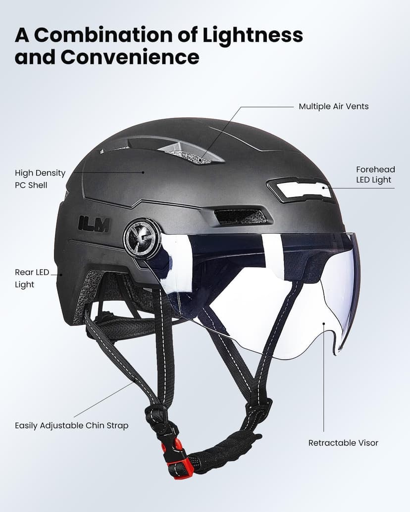 ILM Adult Bike Helmet with USB Rechargeable LED Front and Back Light Mountain&Road Bicycle Helmets for Men Women Removable Goggle Cycling Helmet E3-10L